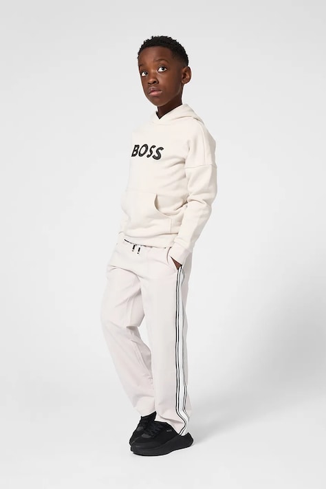 Dječja dukserica BOSS boja: bež, s kapuljačom, s tiskom, J52969