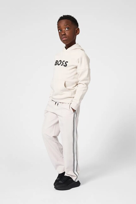 Dětská mikina BOSS béžová barva, s kapucí, s potiskem, J52969