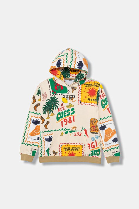 Guess bluza z kapturem dziecięca bawełniana beżowa L6GQ03 KA6R4