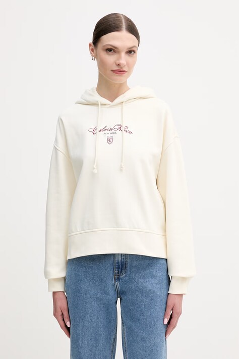 Calvin Klein Jeans bluza damska kolor beżowy z kapturem z aplikacją LV047E208G