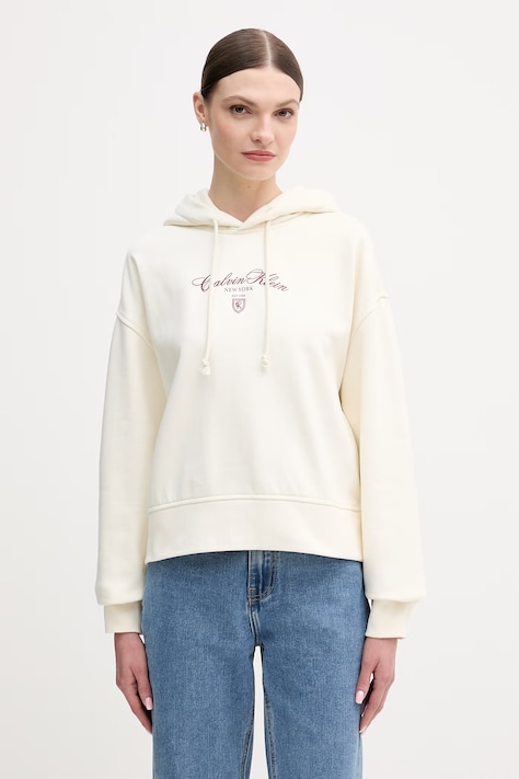 Calvin Klein Jeans bluza damska kolor beżowy z kapturem z aplikacją LV047E208G