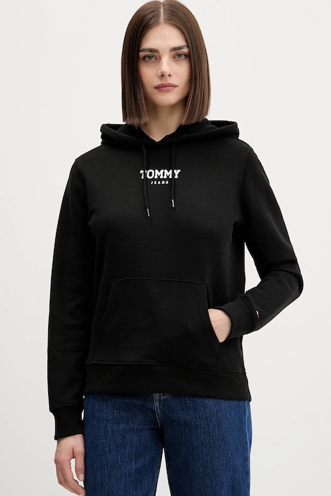 Bavlněná mikina Tommy Jeans dámská, černá barva, s kapucí, s potiskem, DW0DW21921
