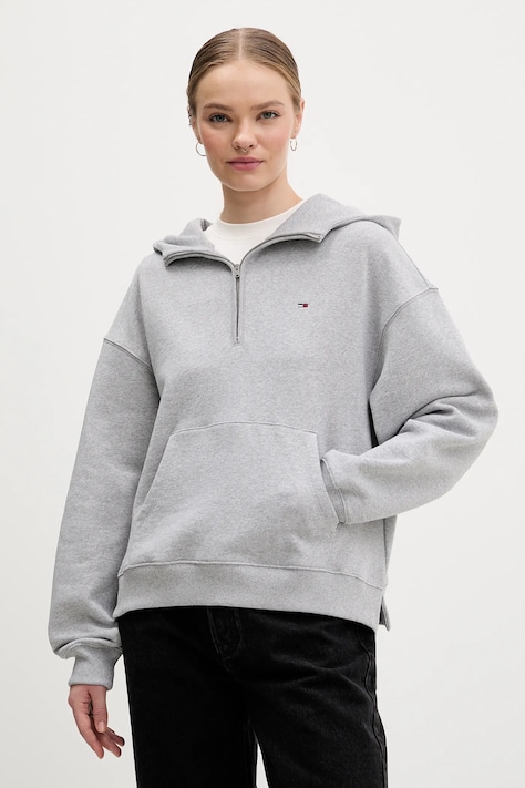 Bavlněná mikina Tommy Jeans dámská, šedá barva, s kapucí, hladká, DW0DW21924