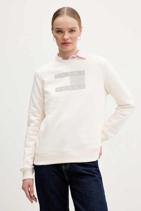 Bavlněná mikina Tommy Jeans dámská, béžová barva, s potiskem, DW0DW22564