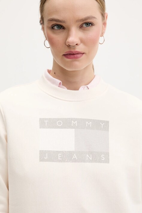 Tommy Jeans bluza bawełniana damska kolor beżowy z nadrukiem DW0DW22564