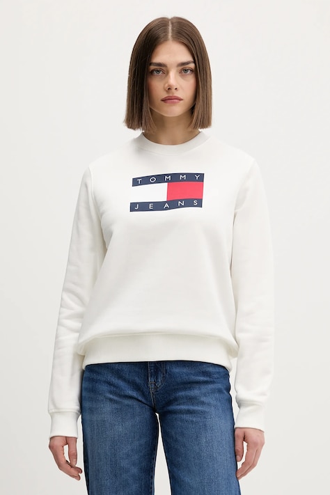 Tommy Jeans bluza bawełniana damska kolor beżowy z nadrukiem DW0DW22564
