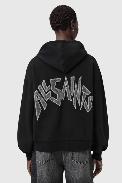 Бавовняна кофта AllSaints колір чорний з капюшоном з аплікацією W090JD