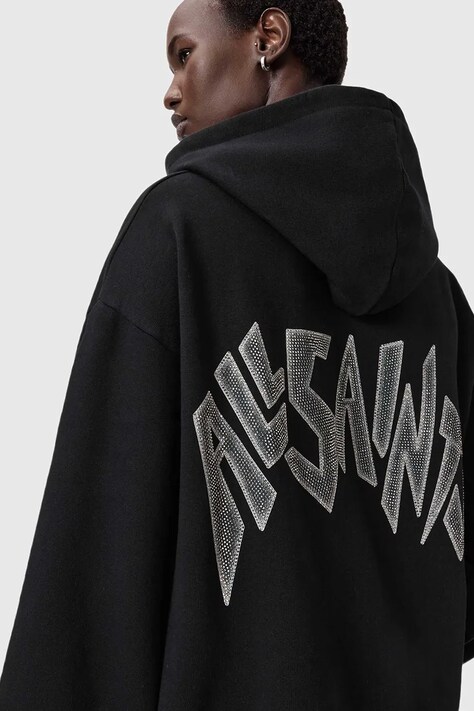 AllSaints bluza bawełniana damska kolor czarny z kapturem z aplikacją W090JD