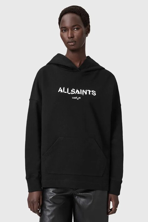 AllSaints bluza bawełniana damska kolor czarny z kapturem wzorzysta W107JD