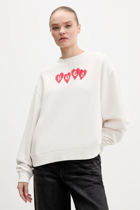 HUGO bluza bawełniana Deroxina_8 damska kolor beżowy z nadrukiem 50555824