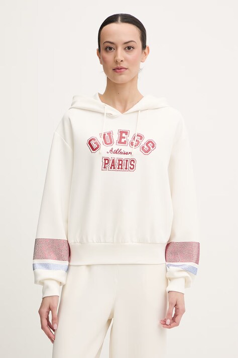 Guess bluza BERTHE damska kolor beżowy z kapturem z nadrukiem V6RQ02 KCAY2