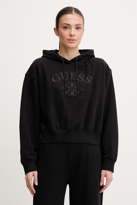 Guess bluza YAYOI damska kolor czarny z kapturem z aplikacją V6RQ03 KD761