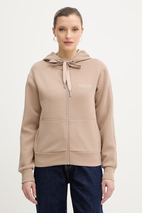 Guess bluza damska kolor beżowy z kapturem z aplikacją W6RQ12 KBYE2
