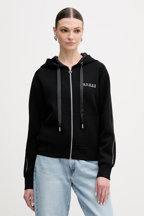 Guess bluza damska kolor czarny z kapturem z aplikacją W6RQ12 KBYE2