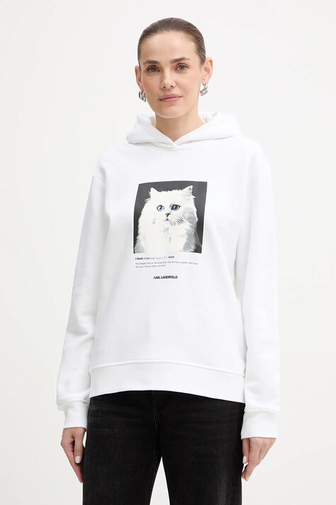 Karl Lagerfeld bluza damska kolor biały z kapturem z nadrukiem B1W20012