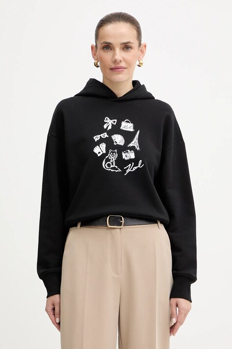 Karl Lagerfeld bluza bawełniana damska kolor czarny z kapturem wzorzysta B1W20019