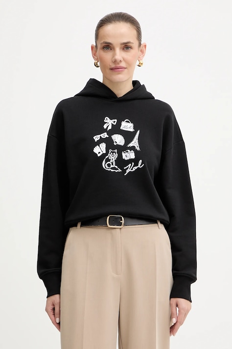 Karl Lagerfeld bluza bawełniana damska kolor czarny z kapturem wzorzysta B1W20019