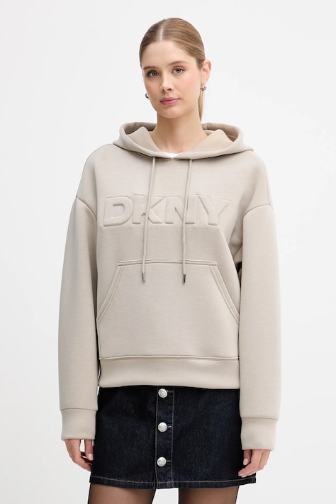 Dkny bluza damska kolor beżowy z kapturem gładka P5JHRDQF