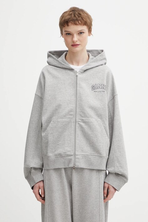 GANNI bluza bawełniana A1060023 damska kolor szary z kapturem z nadrukiem A1060023