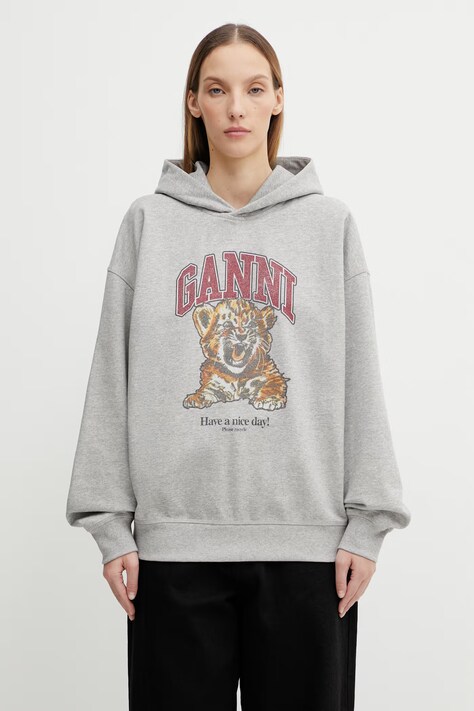 GANNI bluza bawełniana damska kolor szary z kapturem z nadrukiem A1060024