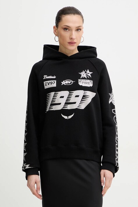 Βαμβακερή μπλούζα ZADIG&VOLTAIRE γυναικεία, χρώμα: μαύρο, με κουκούλα, JWSS01675