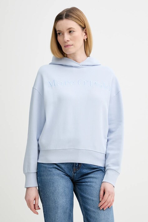 Marc O'Polo bluza bawełniana damska kolor niebieski z kapturem z aplikacją 600407354165