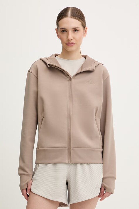 adidas Performance bluza sportowa D4T damska kolor brązowy z kapturem gładka JX7311