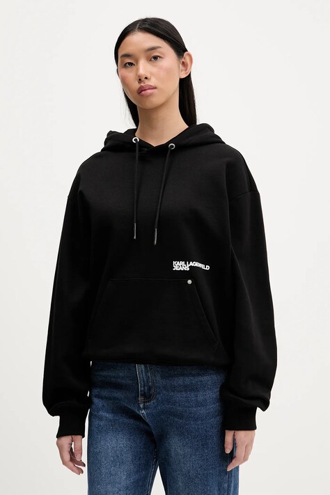 Karl Lagerfeld Jeans bluza bawełniana damska kolor czarny z kapturem z nadrukiem B1W20046
