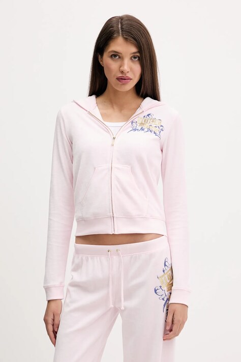 Juicy Couture bluza welurowa Wrap You Up damska kolor różowy z kapturem z nadrukiem JCNAS126451