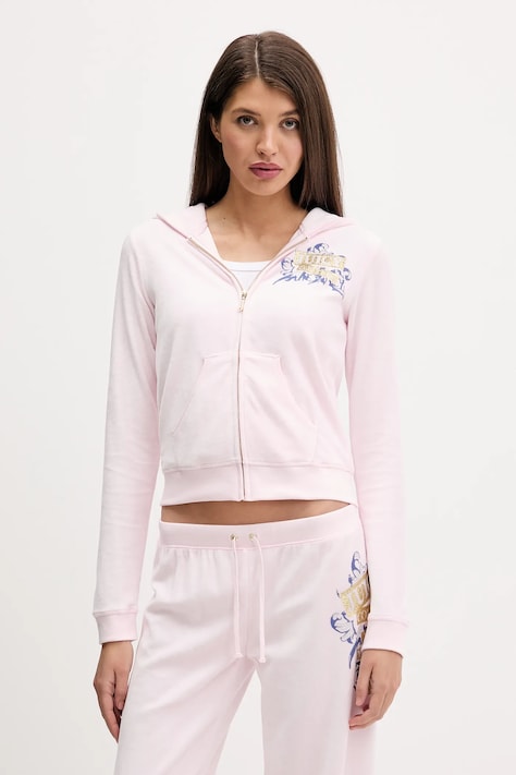 Juicy Couture bluza welurowa Wrap You Up damska kolor różowy z kapturem z nadrukiem JCNAS126451