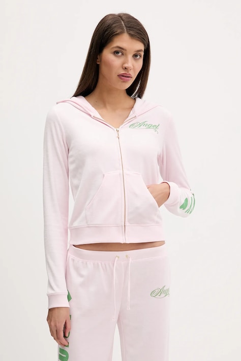 Juicy Couture bluza welurowa Angel damska kolor różowy z kapturem z nadrukiem JCNAS126455