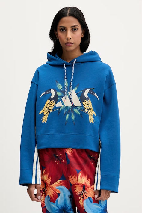 adidas bluza damska kolor niebieski z kapturem z nadrukiem KS2104