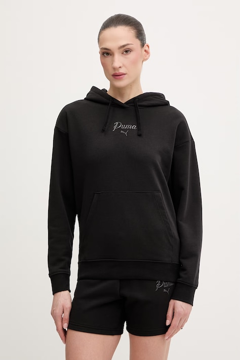 Puma bluza Essentials Script damska kolor czarny z kapturem z aplikacją 691761