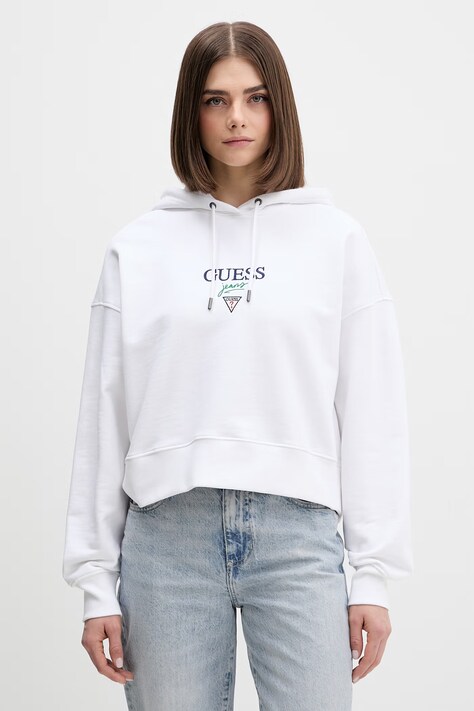 Guess Jeans bluza bawełniana damska kolor biały z kapturem z aplikacją W6RQ00 K68I4