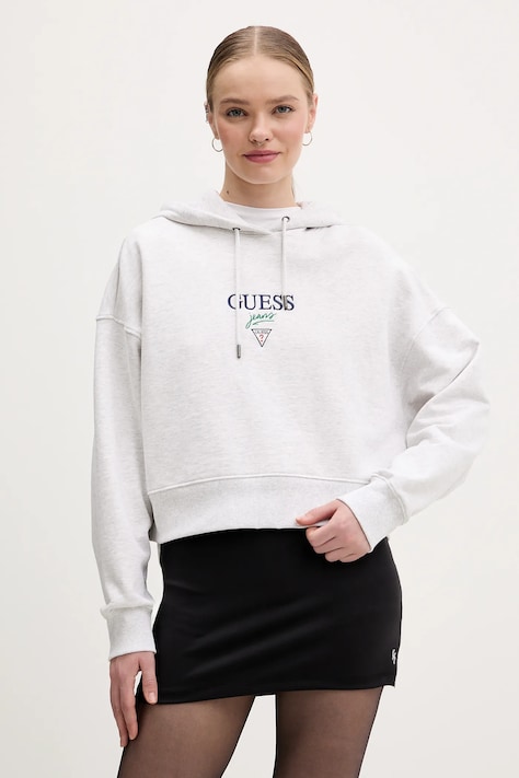 Bavlnená mikina Guess Jeans šedá farba, s kapucňou, s nášivkou, W6RQ00 K68I4