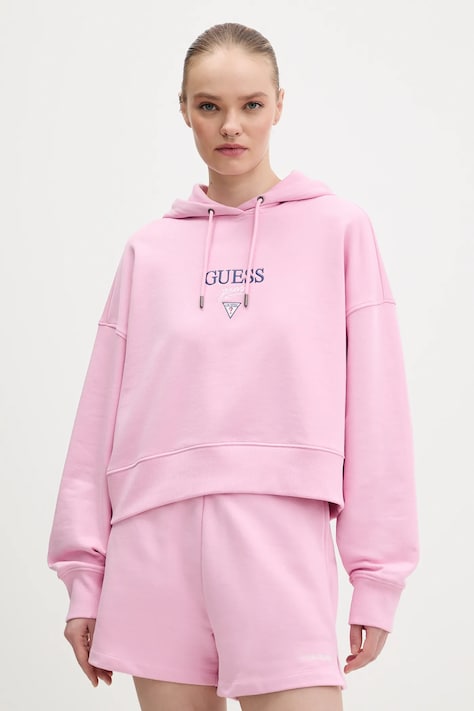 Guess Jeans hanorac de bumbac culoarea roz, cu glugă, cu imprimeu, W6RQ00 K68I4