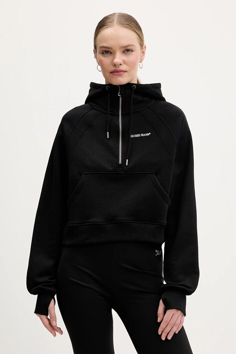 Guess Jeans bluza bawełniana damska kolor czarny z kapturem melanżowa W6RQ07 K68I4
