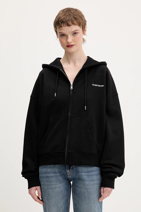 Guess Jeans bluza bawełniana damska kolor czarny z kapturem gładka W6RQ32 K68I4