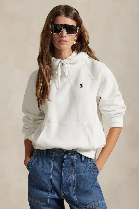 Polo Ralph Lauren bluza ARCTIC FLEECE damska kolor biały z kapturem gładka 211971698001