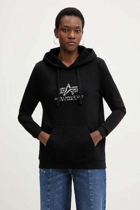 Alpha Industries bluza Basic Hoodie BL Mirror Leo W damska kolor czarny z kapturem z nadrukiem 196032ML