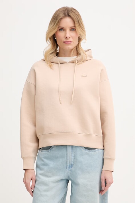 Lacoste bluza z kapturem damska z bawełną beżowa SF0048