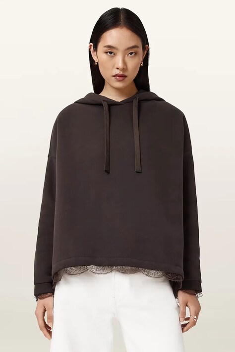 AllSaints bluza NIA damska kolor brązowy z kapturem gładka W027JE