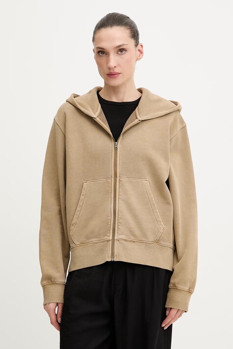 G-Star bluza bawełniana Washed hdd zip relaxed damska kolor beżowy z kapturem gładka D28754-D969