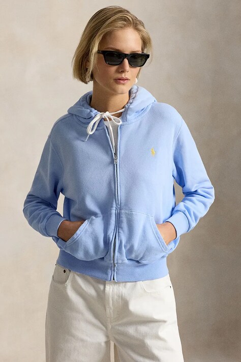 Polo Ralph Lauren bluza rozpinana z kapturem damska bawełniana ISLAND FLC-KNT-SWEATSHIRT niebieska 211971693503