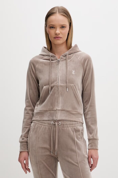 Juicy Couture bluza z kapturem damska welurowa MADISON COL OUT brązowa JCWAS126326