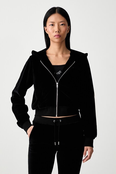Sporty & Rich Signature Logo Krystal bluza rozpinana z kapturem bawełniana damska czarna CA04471326BA01