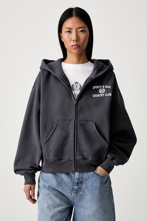 Sporty & Rich Varsity Crest bluza rozpinana z kapturem bawełniana damska szara ST094711218GY25