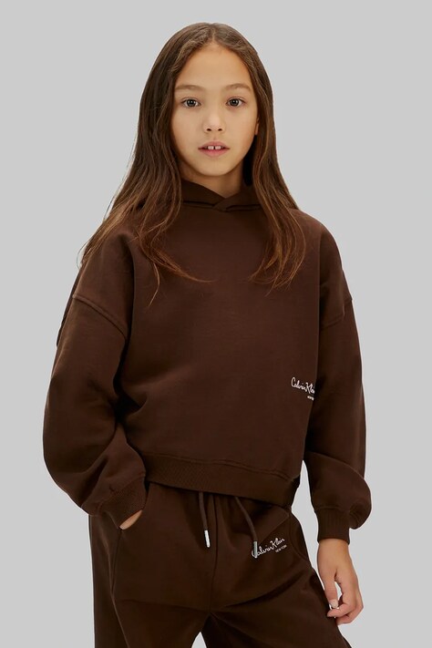 Calvin Klein Jeans bluza bawełniana dziecięca kolor brązowy z kapturem gładka IG0IG03067