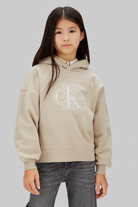 Παιδική βαμβακερή μπλούζα Calvin Klein Jeans χρώμα: γκρι, με κουκούλα, IG0IG03068