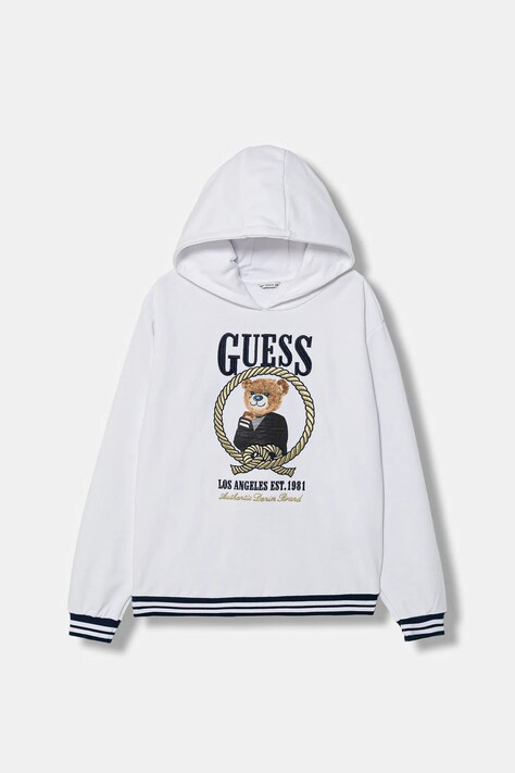 Guess bluza bawełniana dziecięca kolor biały z kapturem z nadrukiem J6RQ05 KAD74